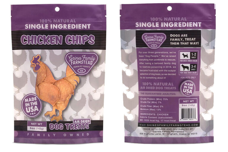 Bag of recalled Gaines Family Farmstead Chicken Chips Dog Treats