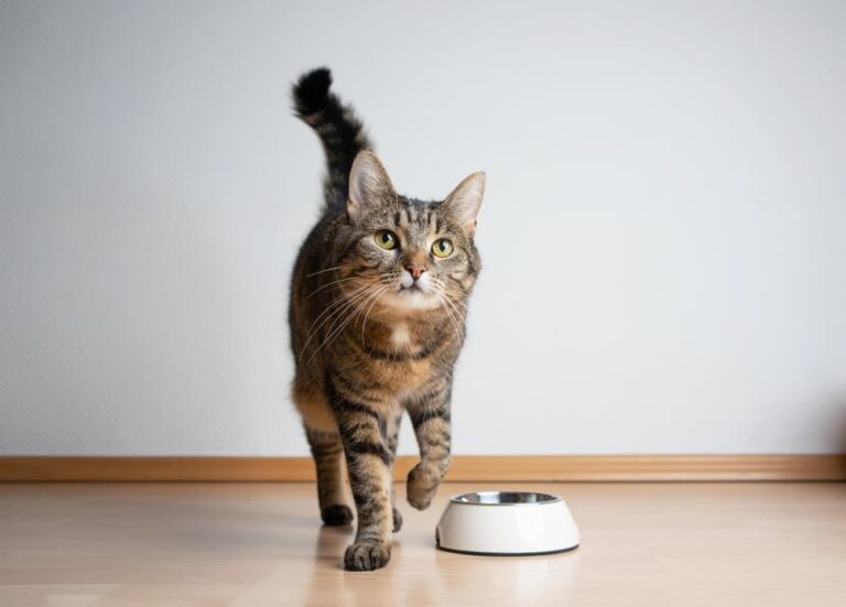 Hungry cat next to empty food bowl