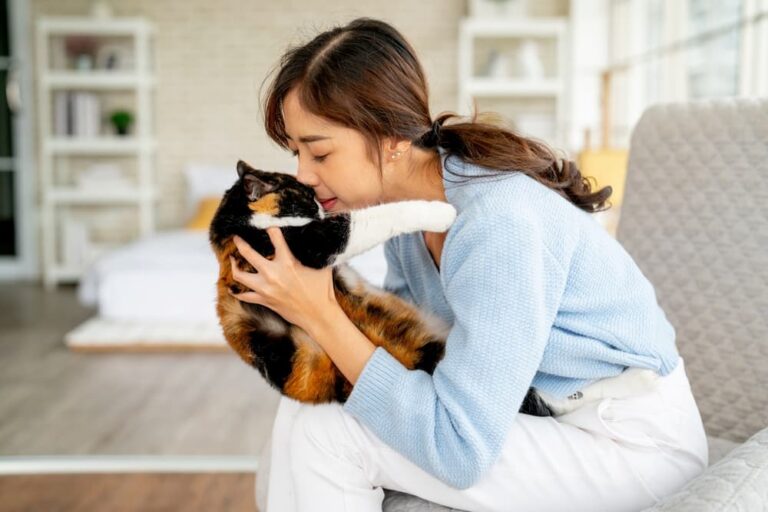 Woman kisses multicolor cat